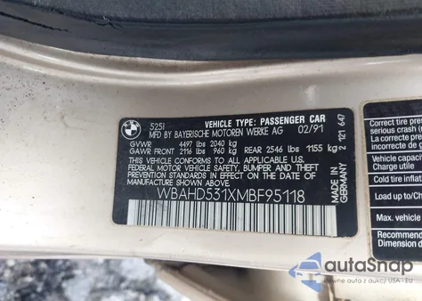 1991 BMW 525 I z USA, uszkodzony, nr VIN WBAHD531XMBF95118